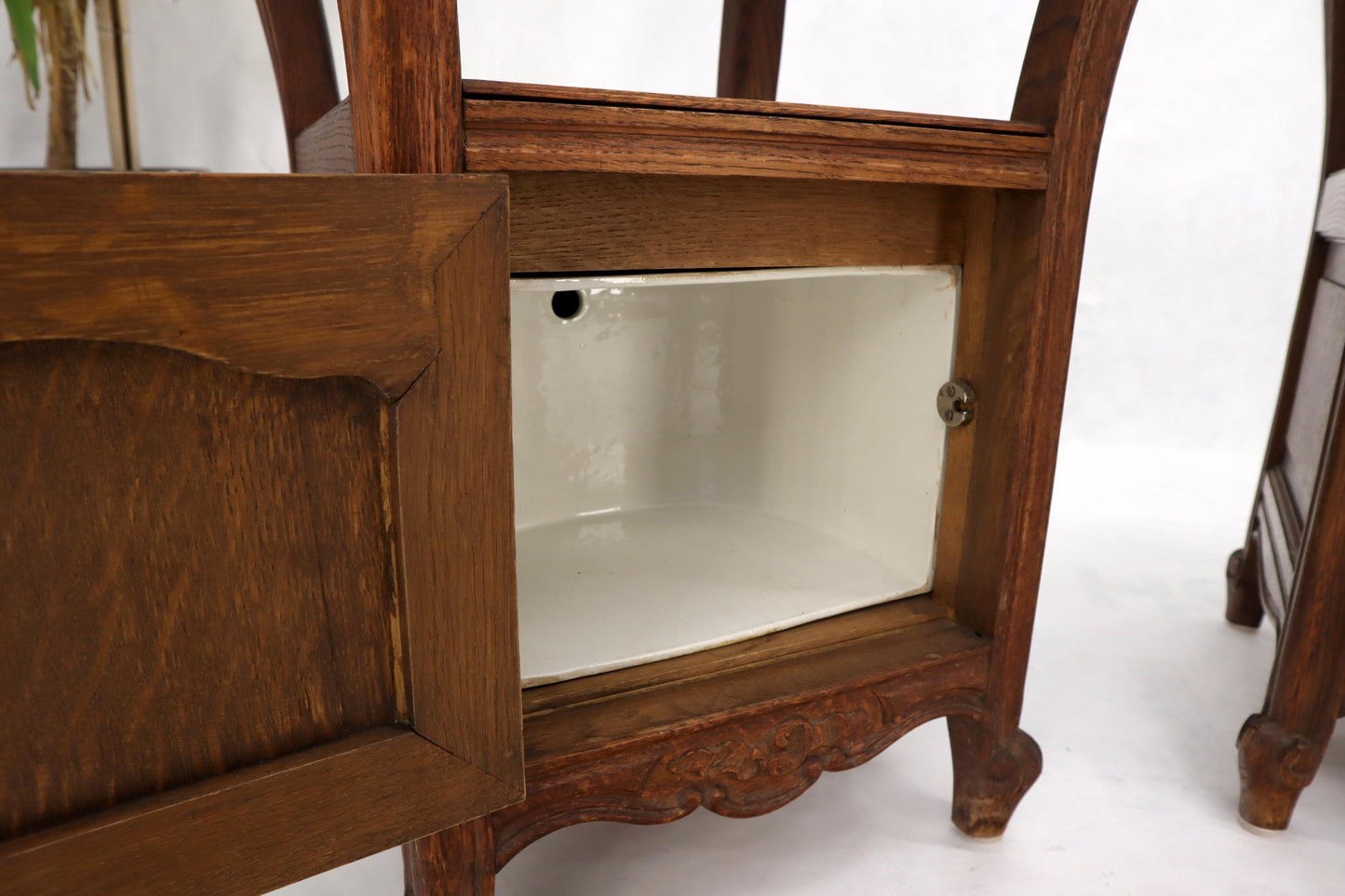 EstablishedLines Pair of carved oak rouge marble tops nightstands end tables