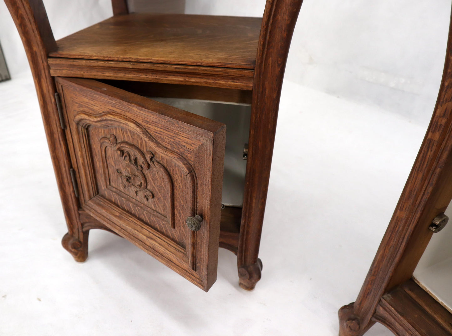 EstablishedLines Pair of carved oak rouge marble tops nightstands end tables