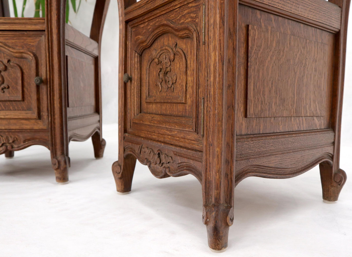 EstablishedLines Pair of carved oak rouge marble tops nightstands end tables