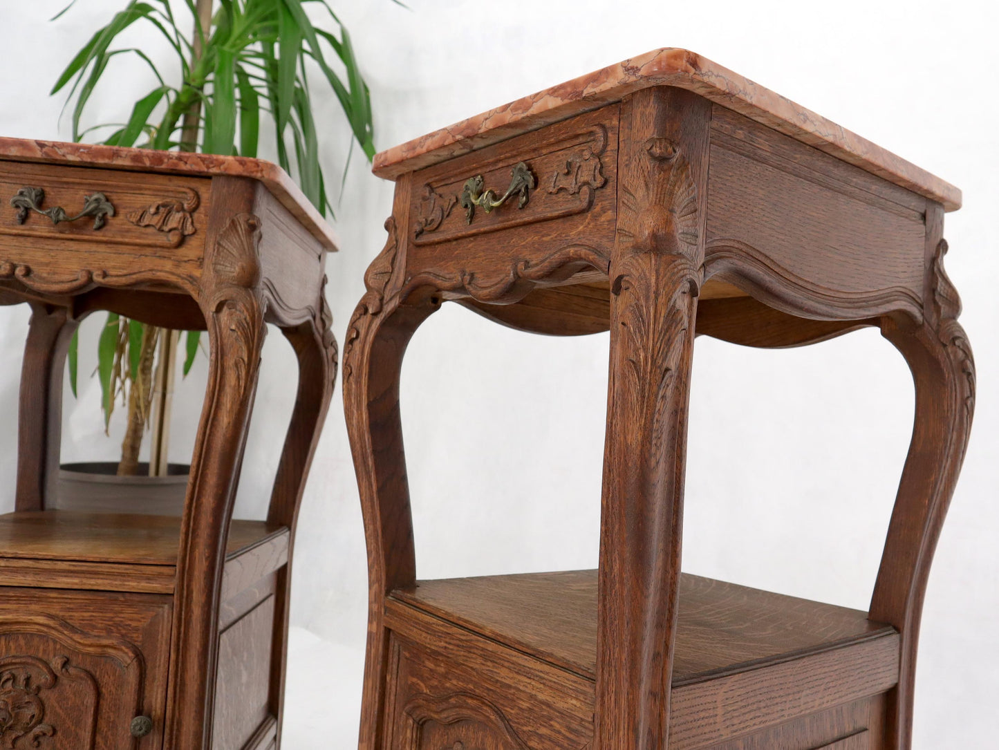 EstablishedLines Pair of carved oak rouge marble tops nightstands end tables