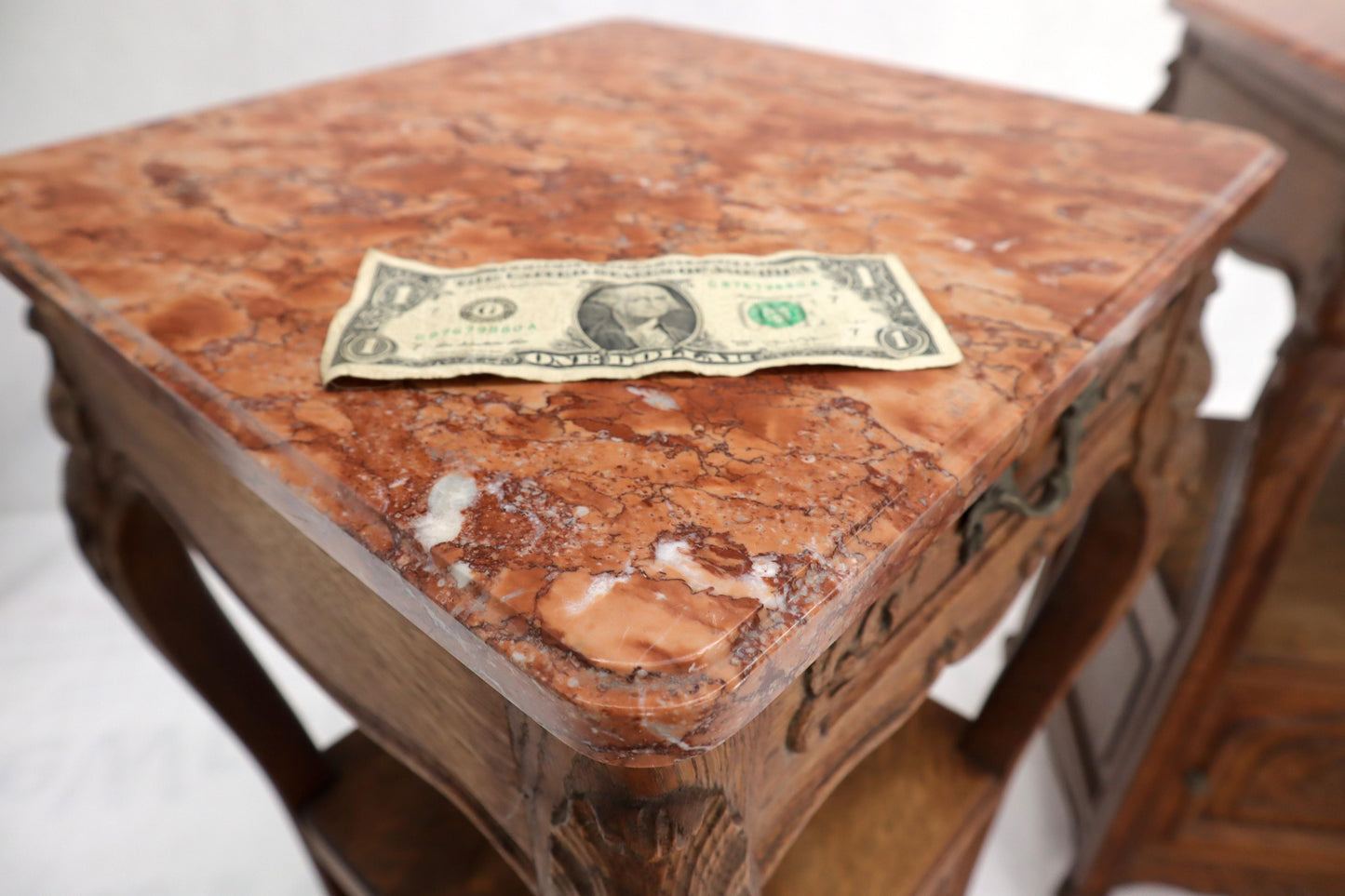 EstablishedLines Pair of carved oak rouge marble tops nightstands end tables
