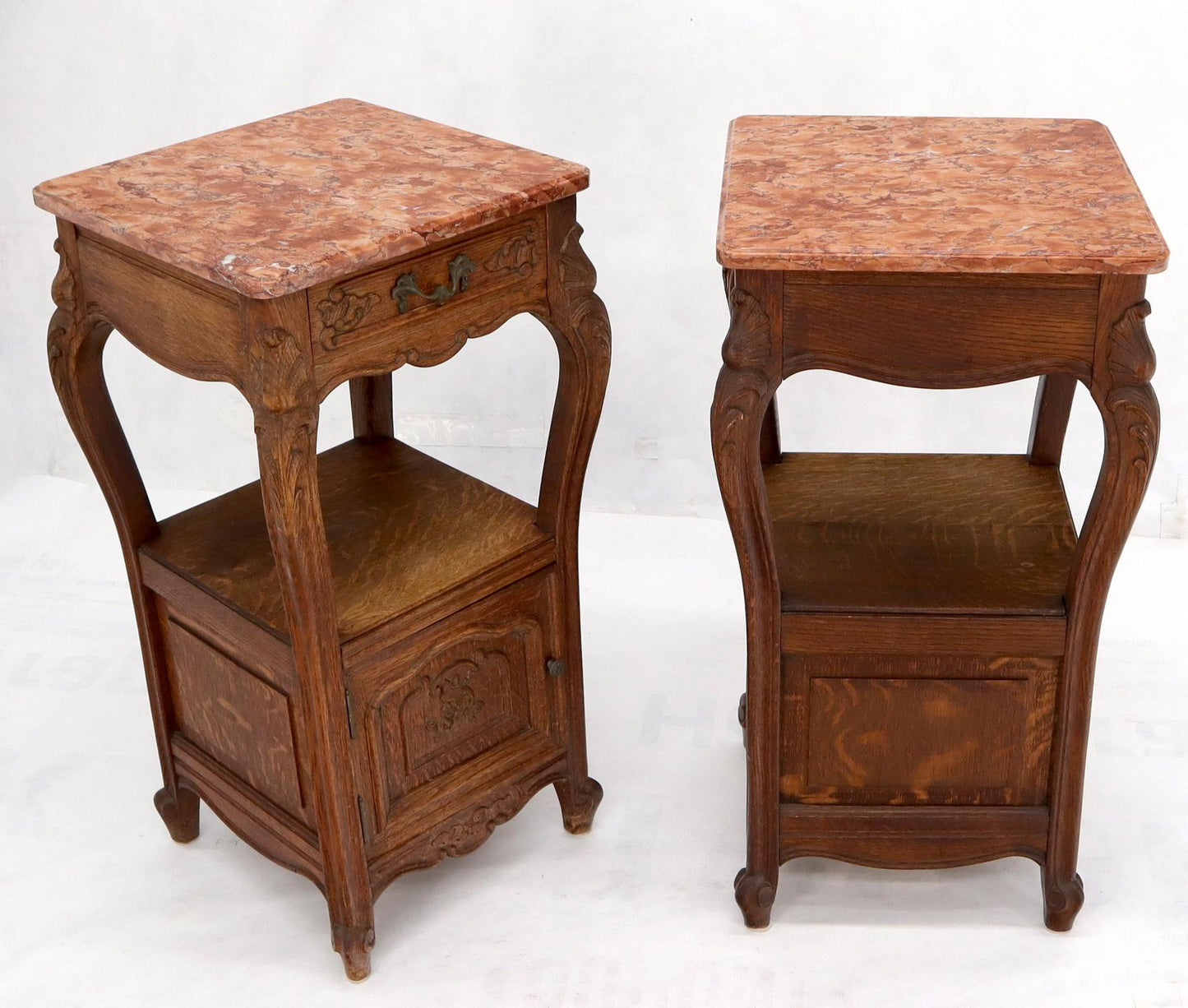 EstablishedLines Pair of carved oak rouge marble tops nightstands end tables