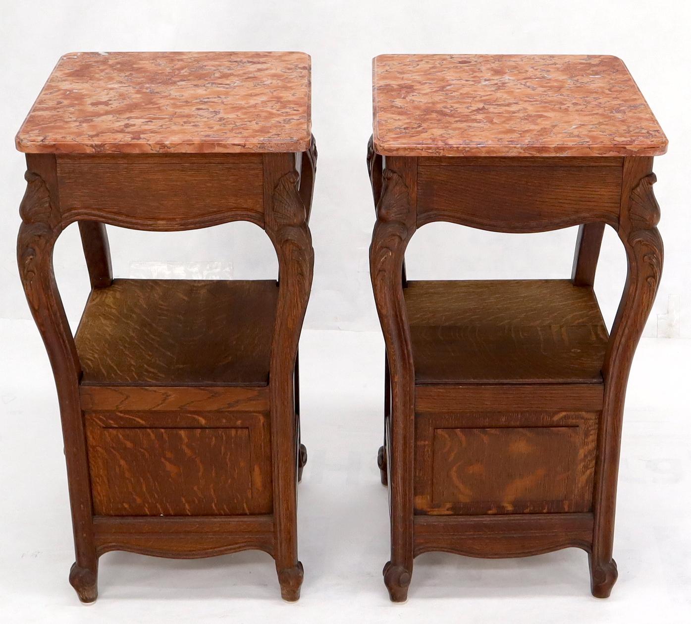 EstablishedLines Pair of carved oak rouge marble tops nightstands end tables