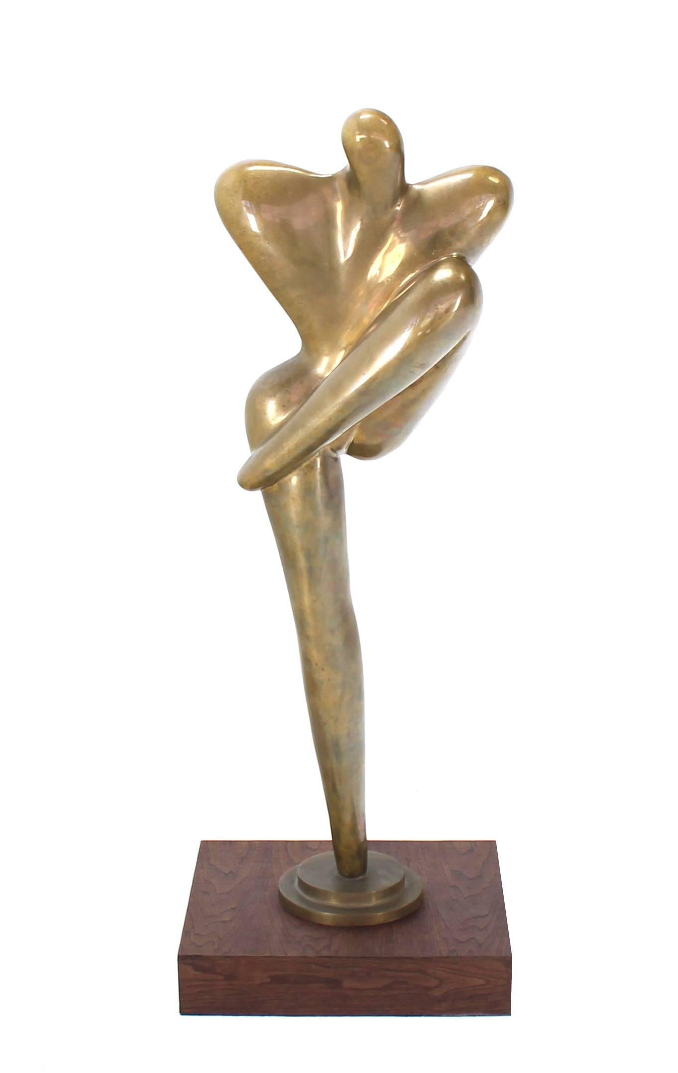 43"H Large Mid Century Modern Nude Bronze Abstract Dancer Sculpture Walnut Base