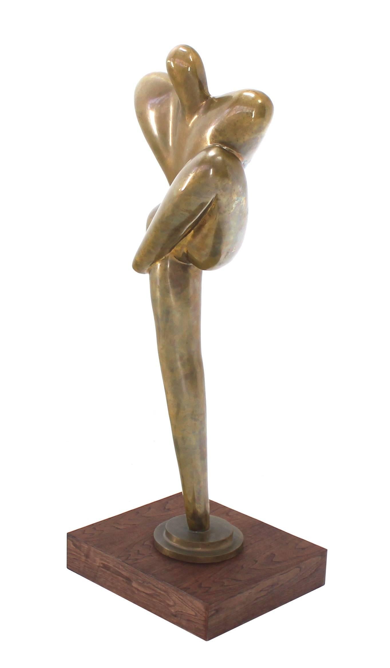 43"H Large Mid Century Modern Nude Bronze Abstract Dancer Sculpture Walnut Base