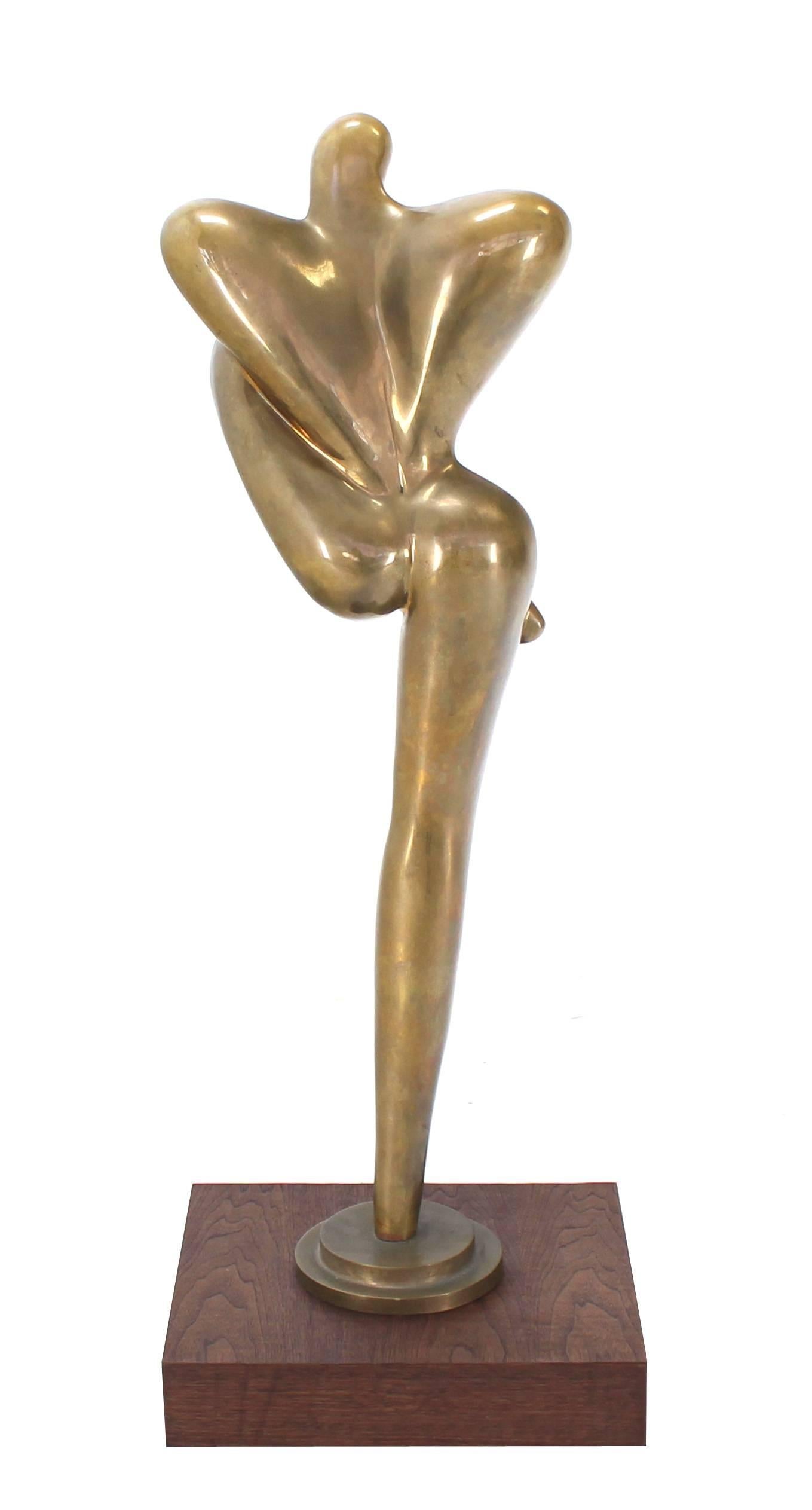 43"H Large Mid Century Modern Nude Bronze Abstract Dancer Sculpture Walnut Base