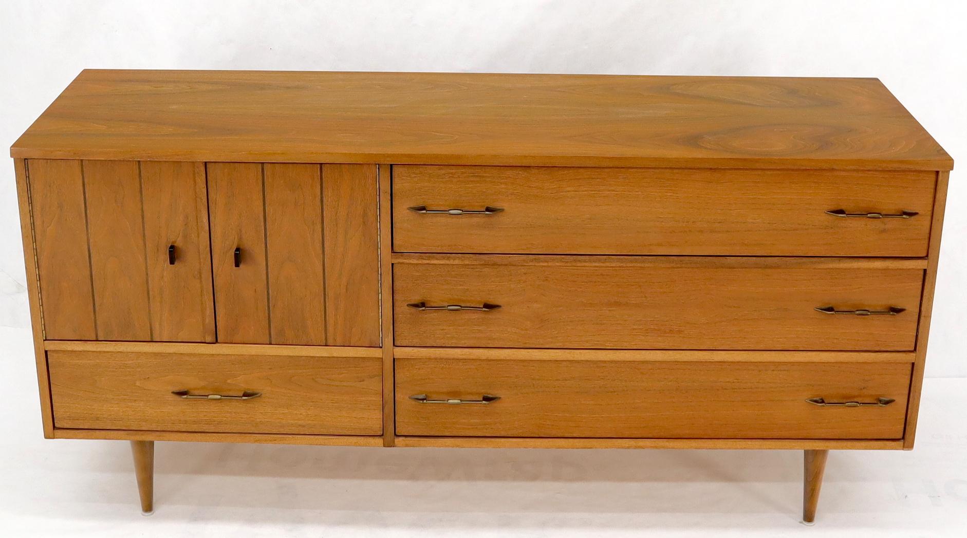 EstablishedLines Walnut mid century modern two-part hutch credenza display cabinet glass doors