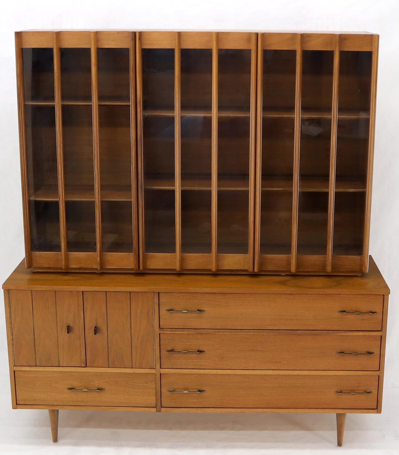 EstablishedLines Walnut mid century modern two-part hutch credenza display cabinet glass doors