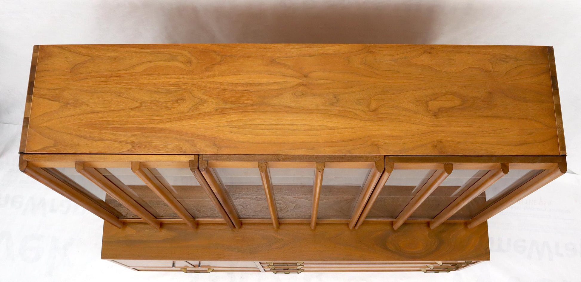 EstablishedLines Walnut mid century modern two-part hutch credenza display cabinet glass doors