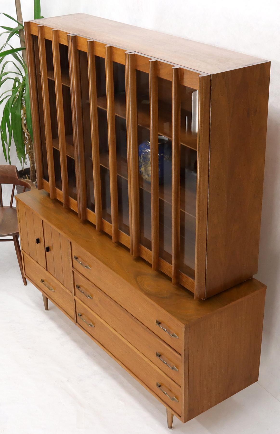 EstablishedLines Walnut mid century modern two-part hutch credenza display cabinet glass doors