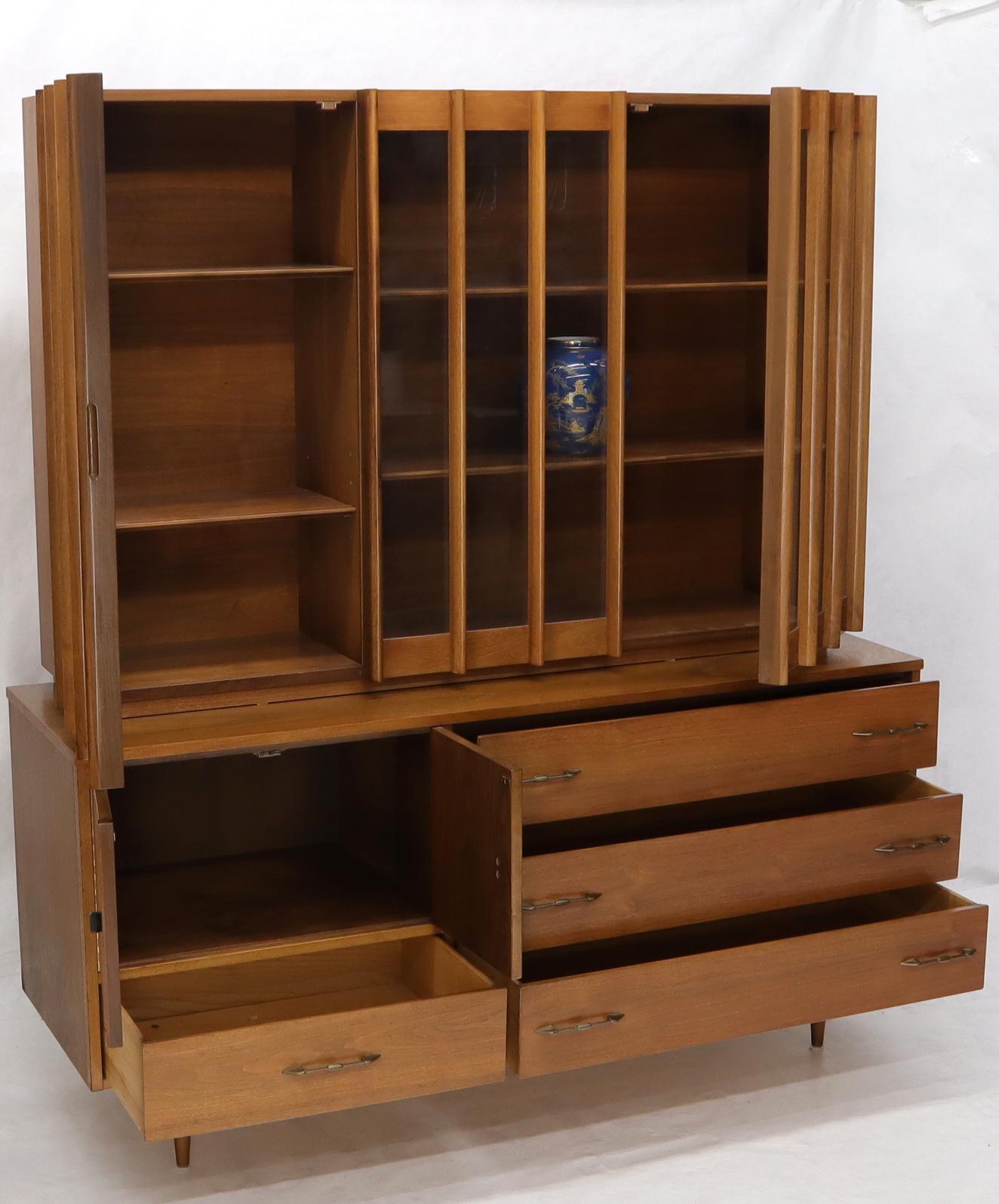 EstablishedLines Walnut mid century modern two-part hutch credenza display cabinet glass doors
