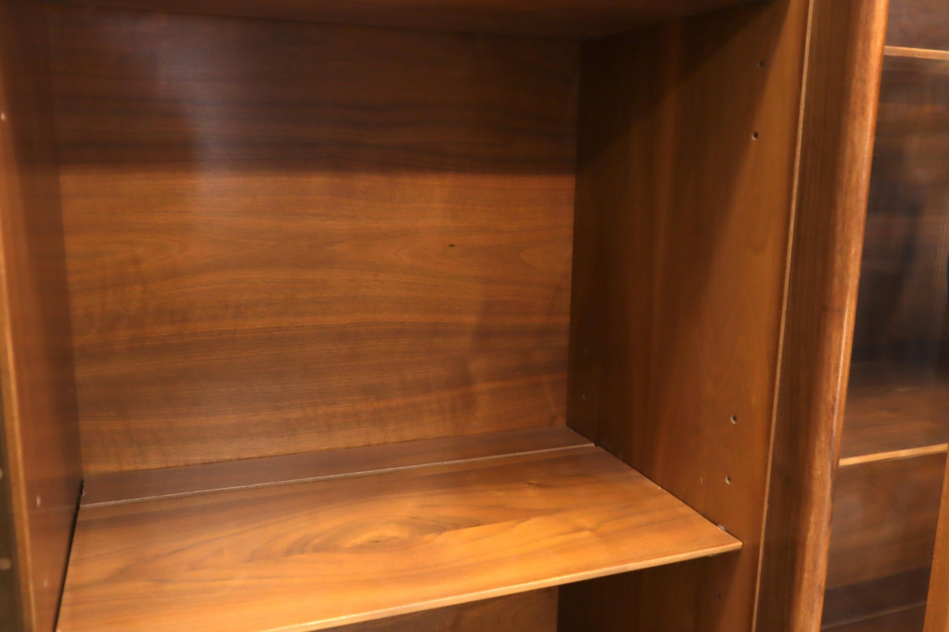 EstablishedLines Walnut mid century modern two-part hutch credenza display cabinet glass doors