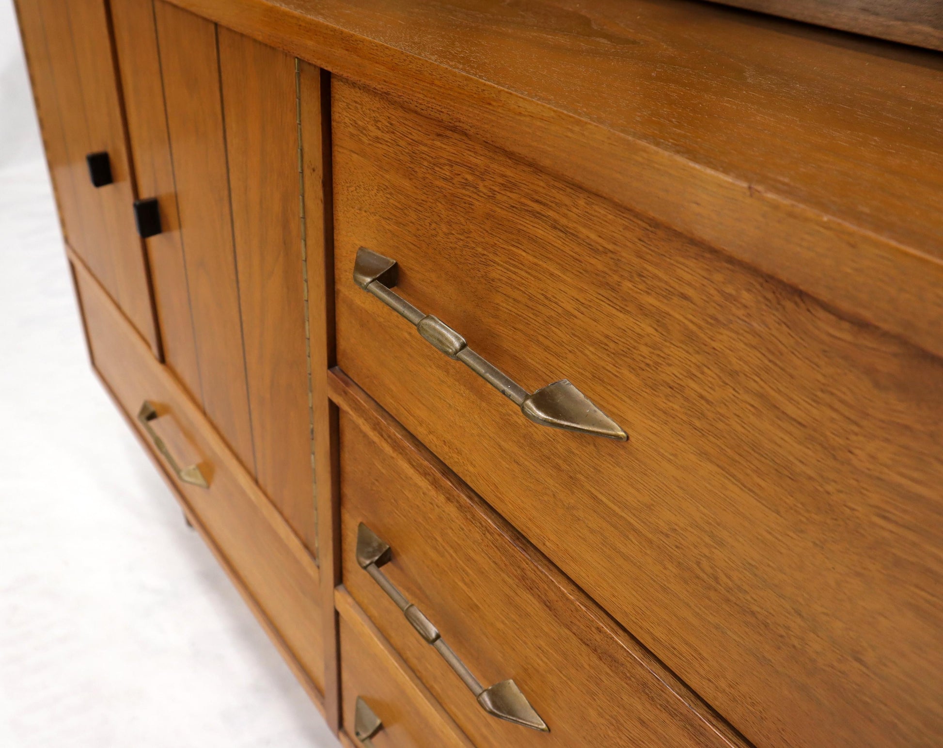 EstablishedLines Walnut mid century modern two-part hutch credenza display cabinet glass doors