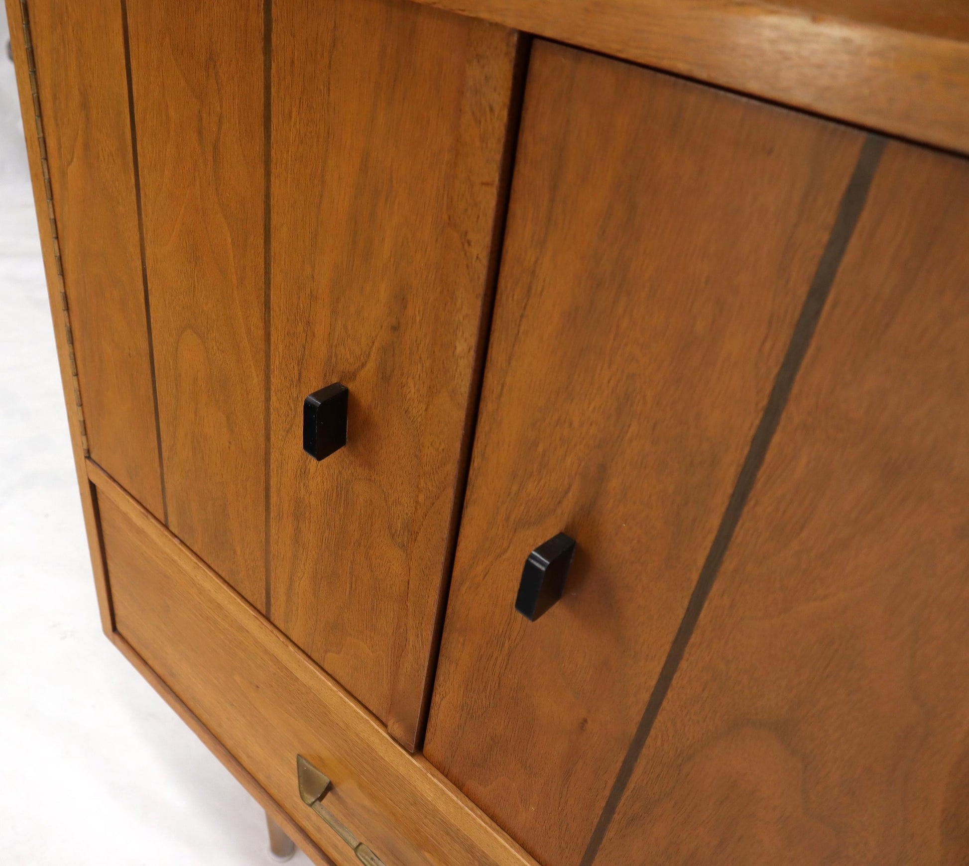 EstablishedLines Walnut mid century modern two-part hutch credenza display cabinet glass doors