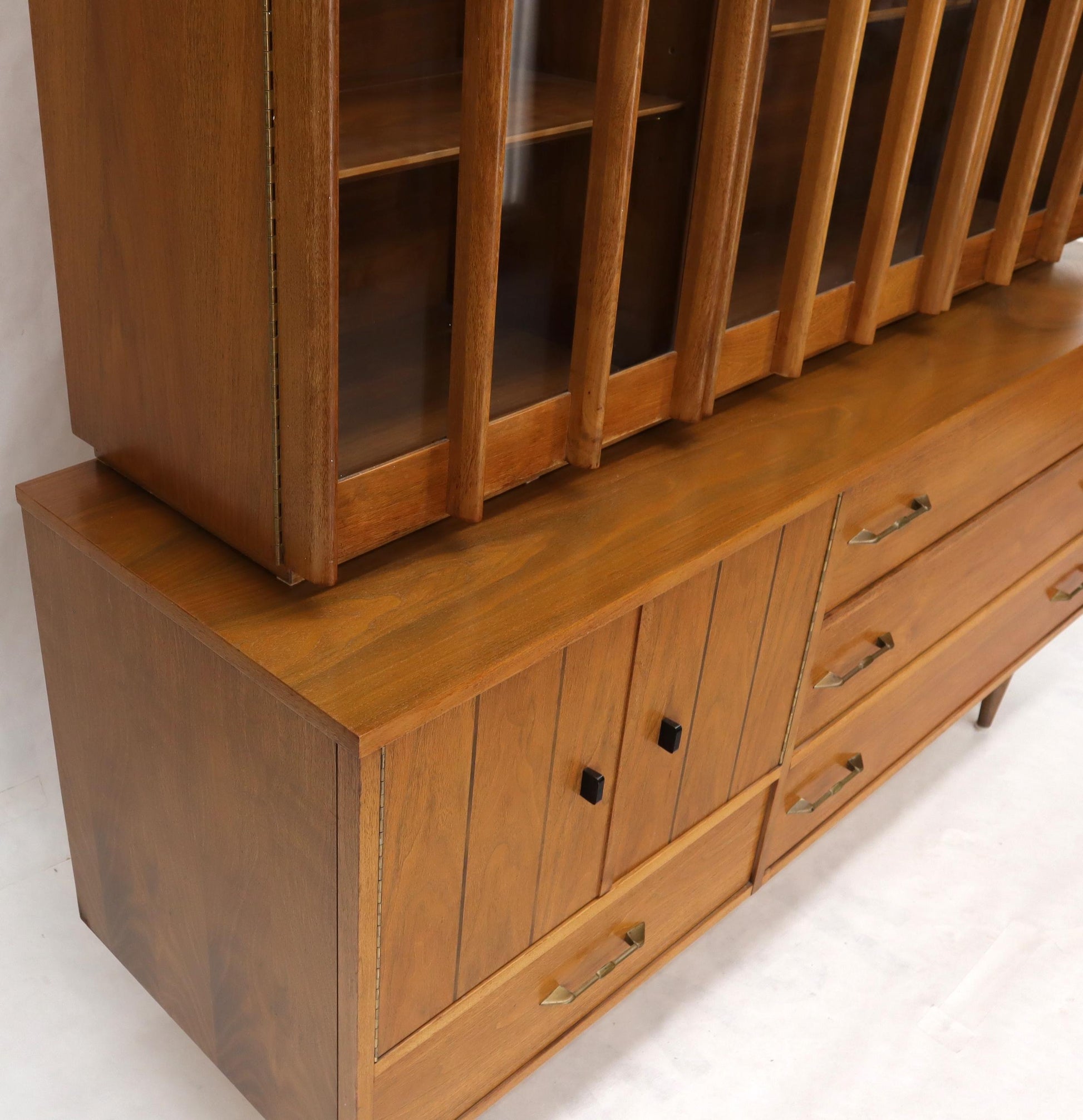 EstablishedLines Walnut mid century modern two-part hutch credenza display cabinet glass doors