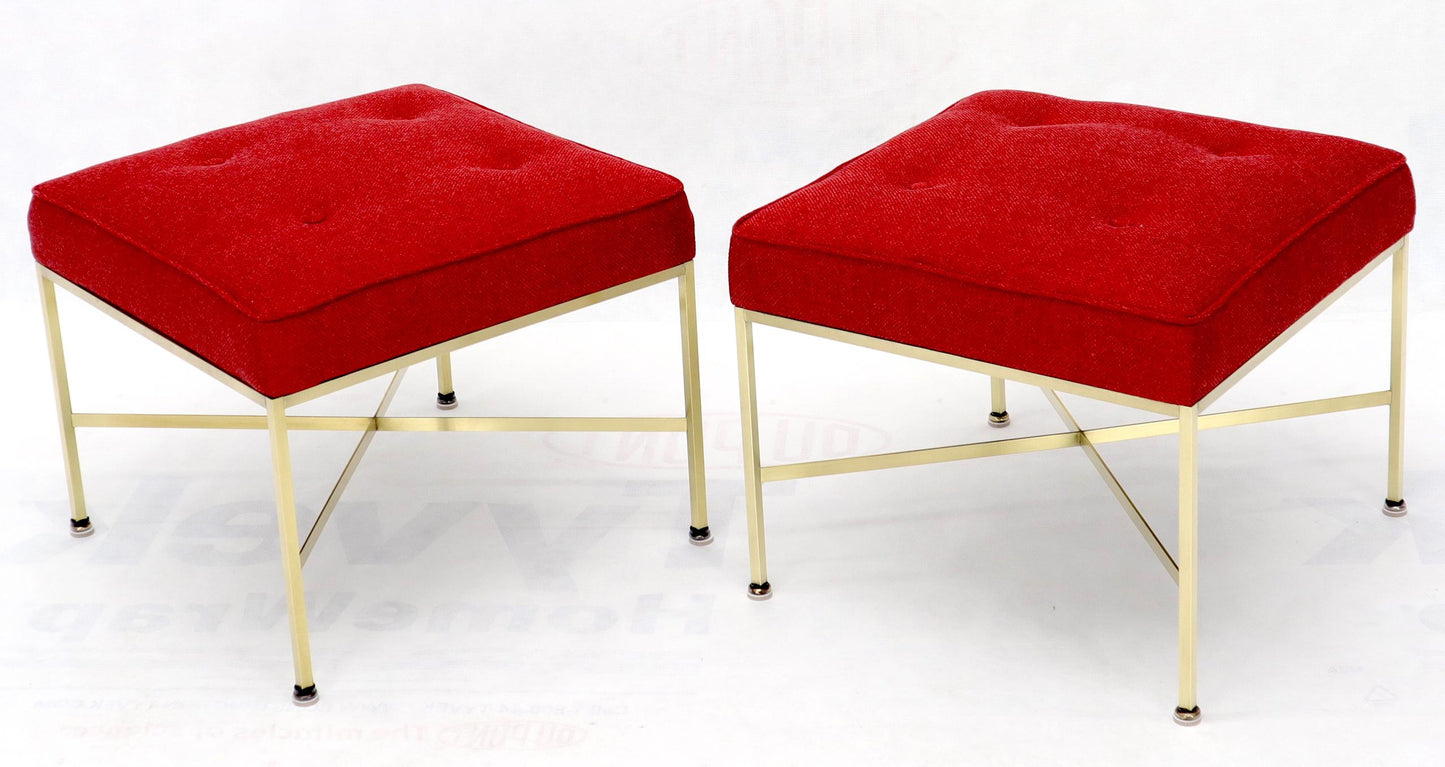 EstablishedLines Pair of New Red Upholstery Square Brass Frames Benches Stools by Paul McCobb