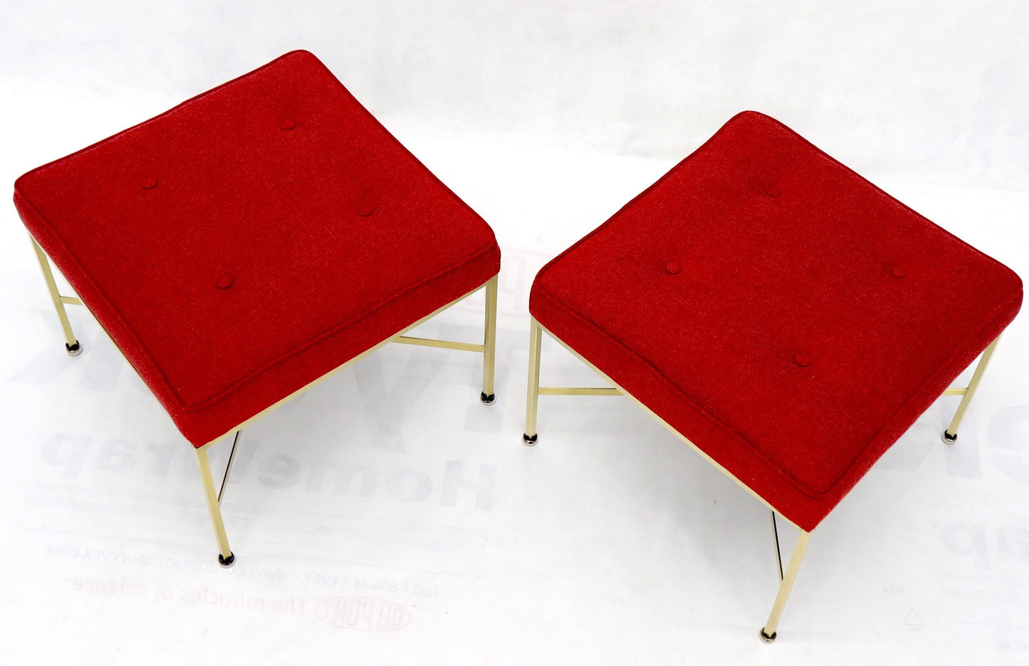 EstablishedLines Pair of New Red Upholstery Square Brass Frames Benches Stools by Paul McCobb