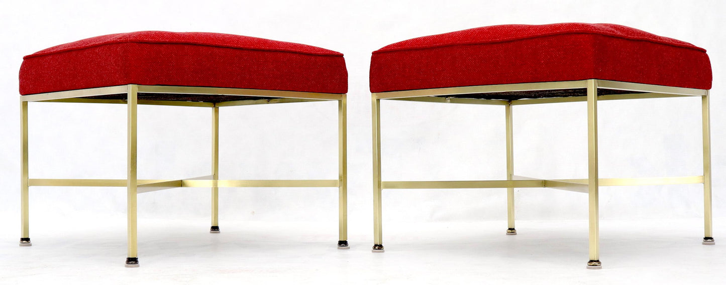 EstablishedLines Pair of New Red Upholstery Square Brass Frames Benches Stools by Paul McCobb