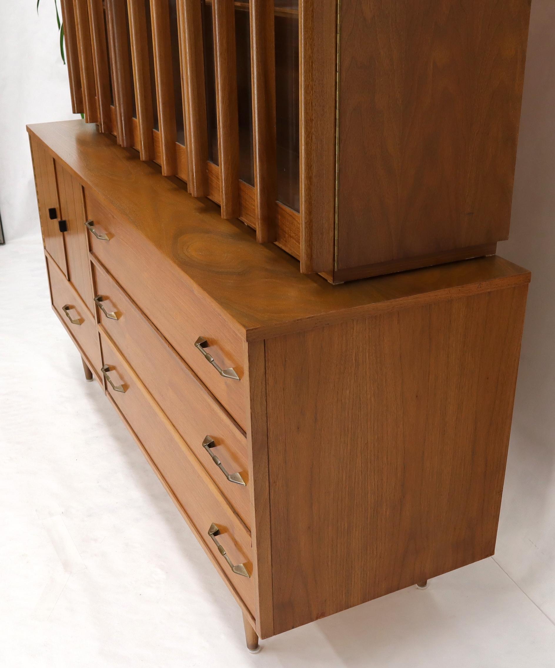 EstablishedLines Walnut mid century modern two-part hutch credenza display cabinet glass doors