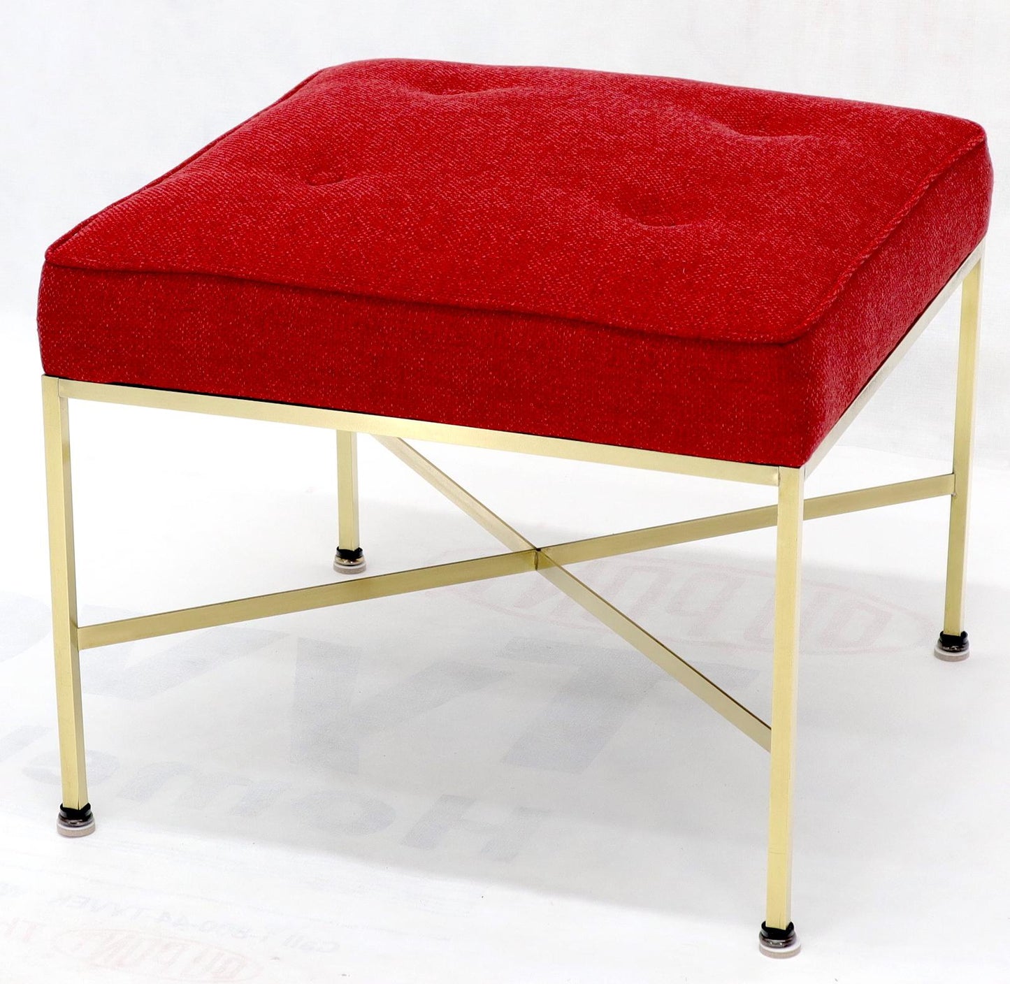 EstablishedLines Pair of New Red Upholstery Square Brass Frames Benches Stools by Paul McCobb