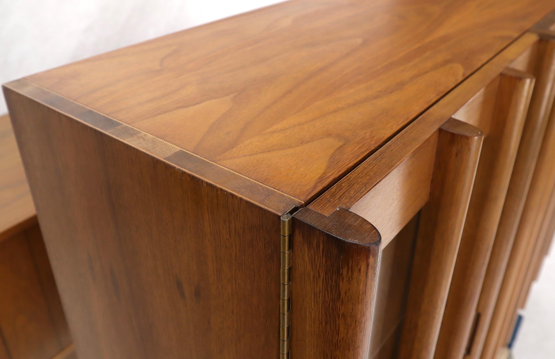 EstablishedLines Walnut mid century modern two-part hutch credenza display cabinet glass doors