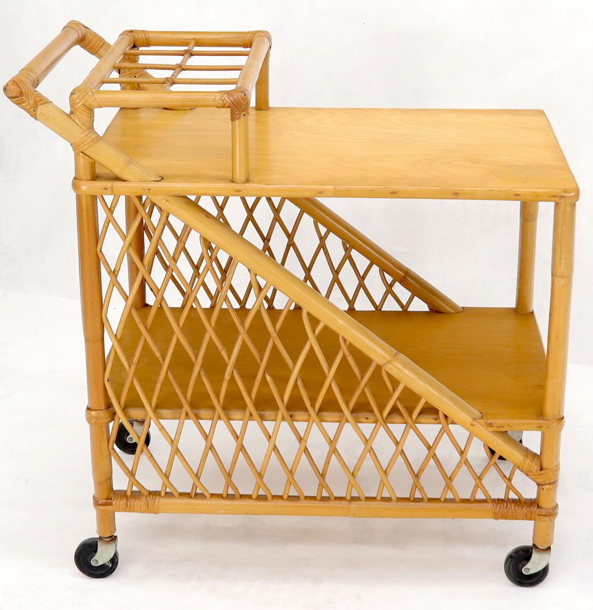 EstablishedLines Mid century modern rattan and bamboo serving bar cart w/ bottles holder.