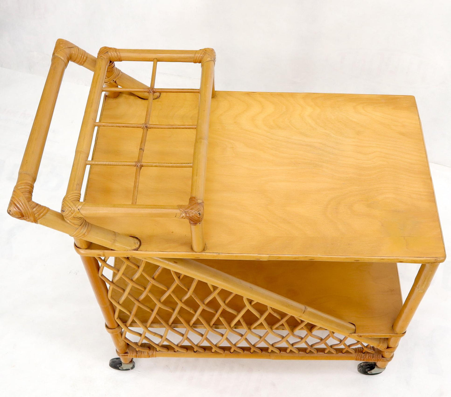 EstablishedLines Mid century modern rattan and bamboo serving bar cart w/ bottles holder.