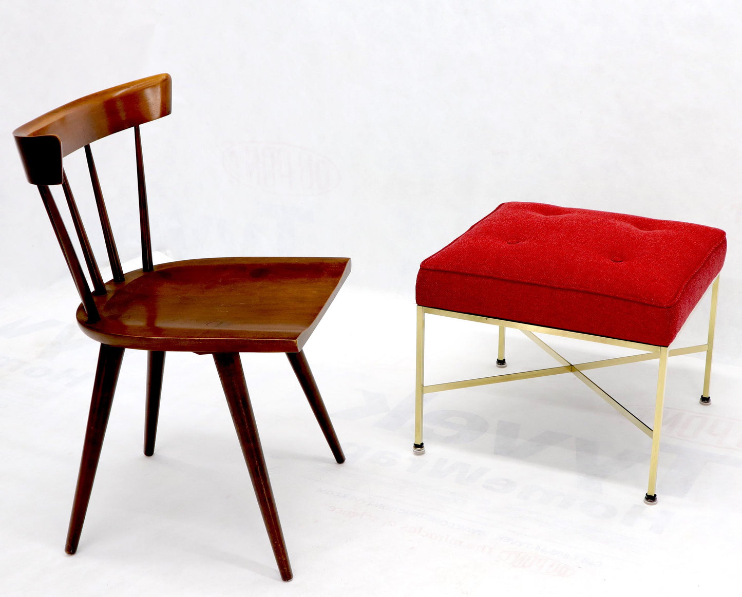 EstablishedLines Pair of New Red Upholstery Square Brass Frames Benches Stools by Paul McCobb