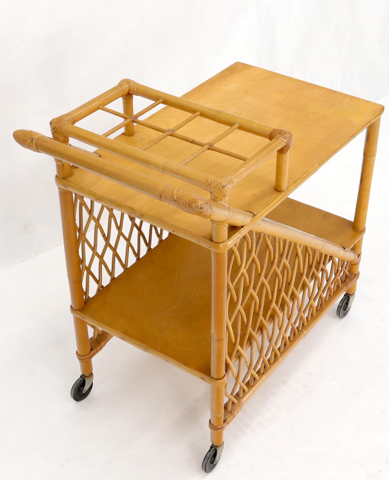 EstablishedLines Mid century modern rattan and bamboo serving bar cart w/ bottles holder.