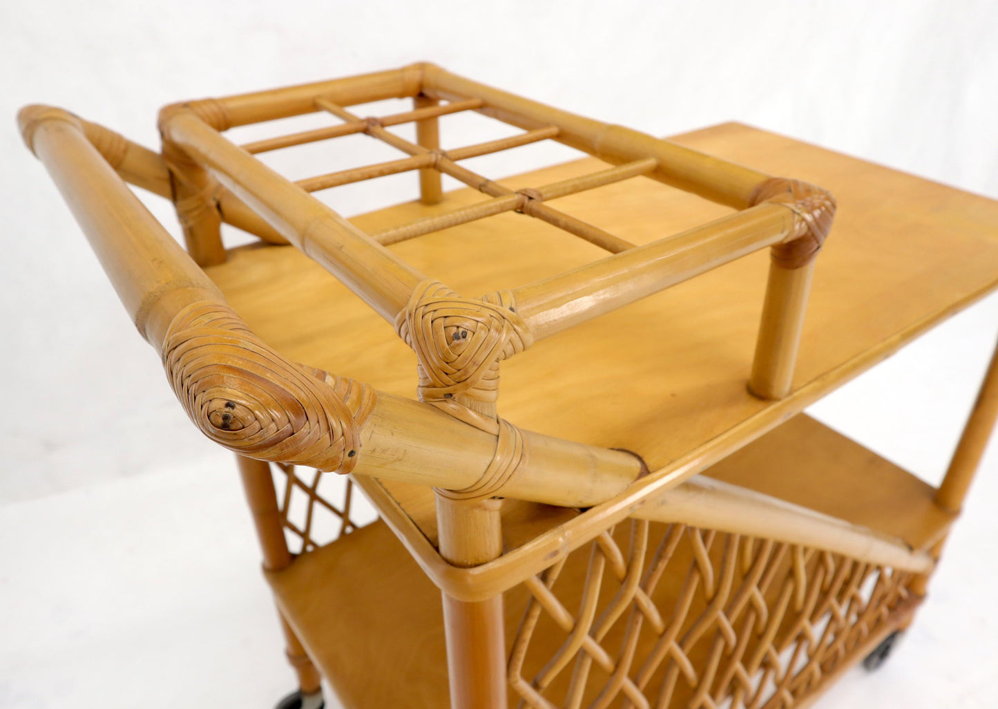EstablishedLines Mid century modern rattan and bamboo serving bar cart w/ bottles holder.