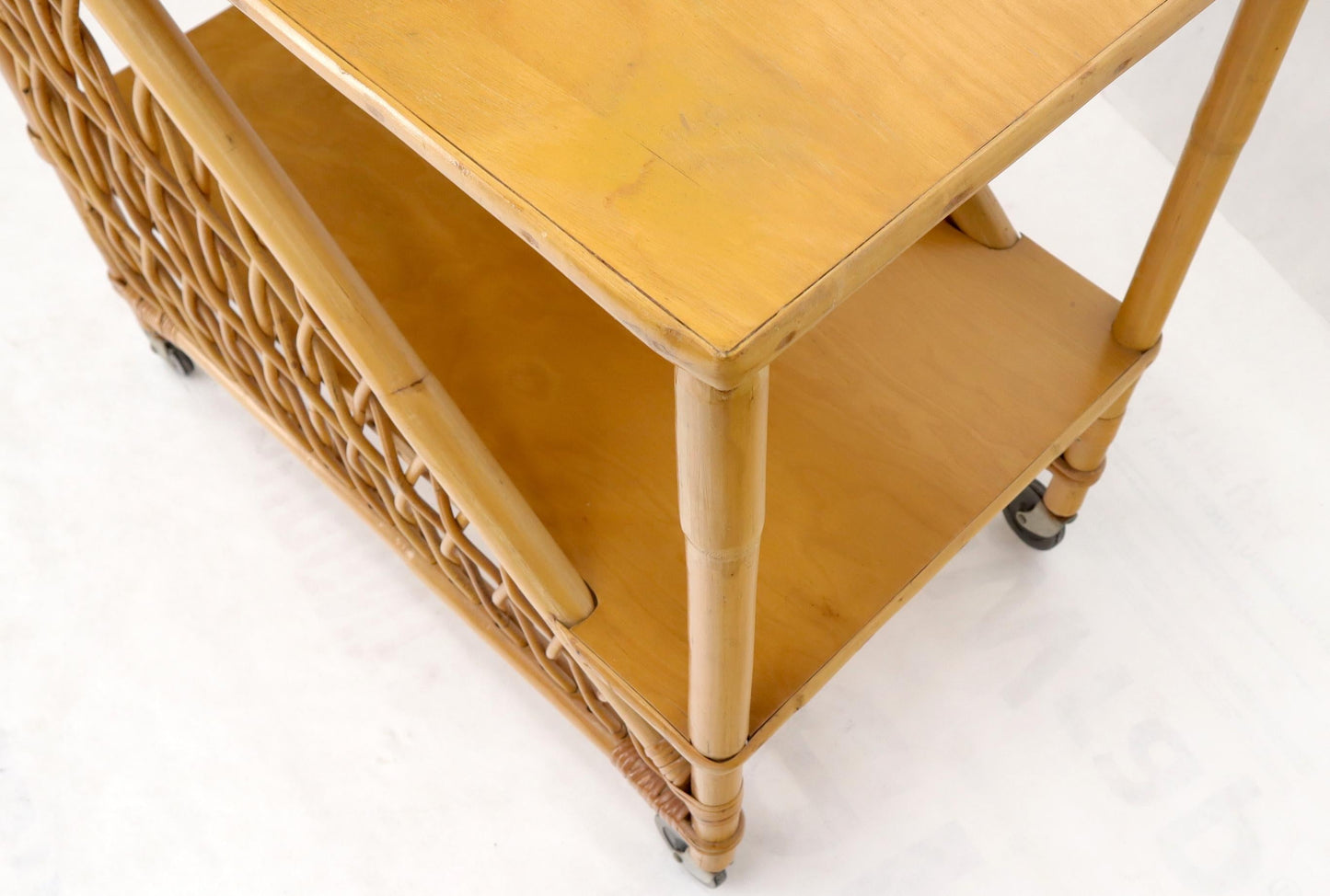 EstablishedLines Mid century modern rattan and bamboo serving bar cart w/ bottles holder.