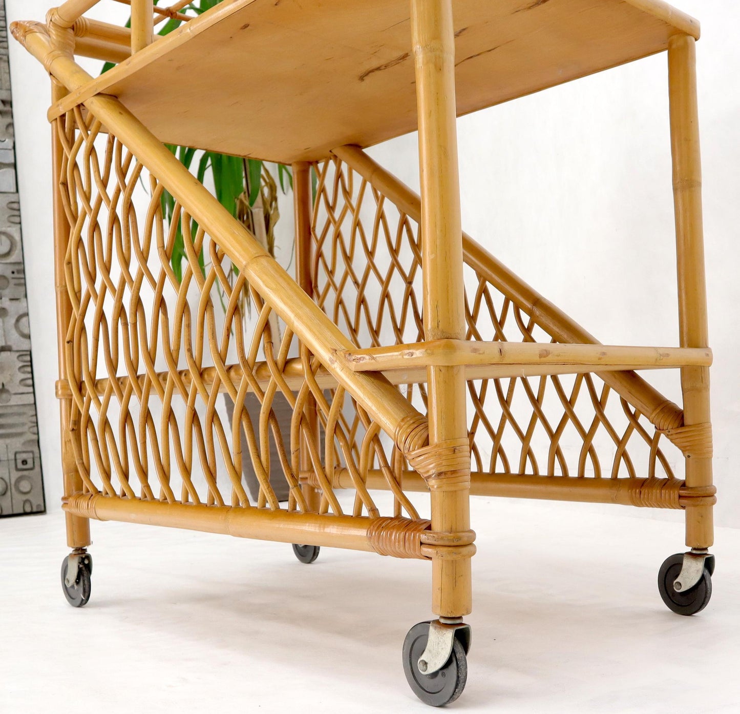 EstablishedLines Mid century modern rattan and bamboo serving bar cart w/ bottles holder.