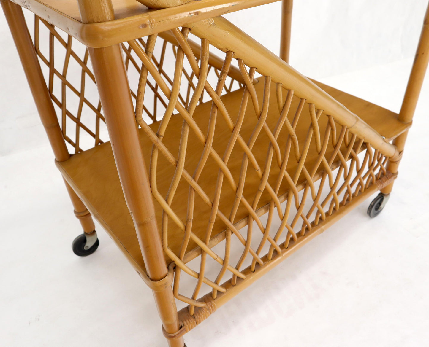 EstablishedLines Mid century modern rattan and bamboo serving bar cart w/ bottles holder.