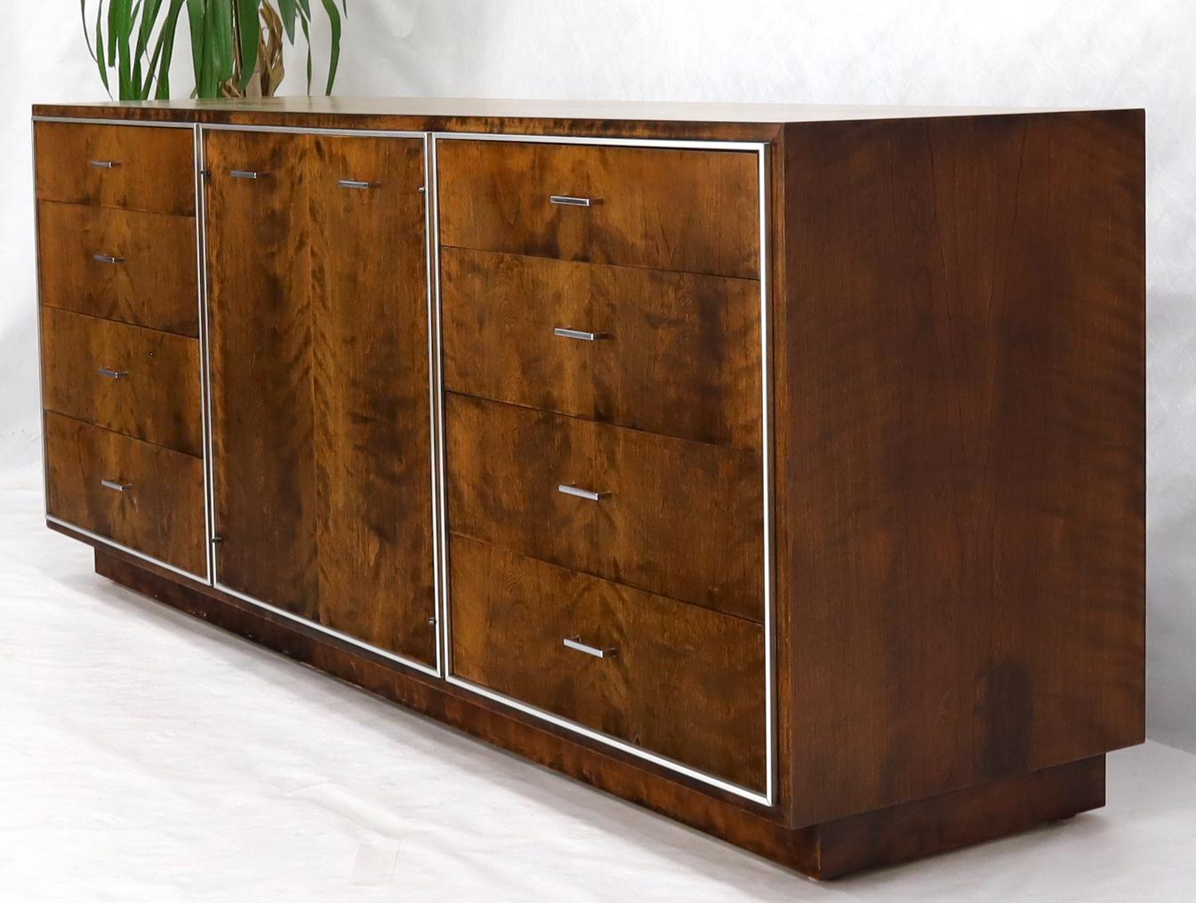 EstablishedLines John Stuart mid-century modern long burl walnut dresser credenza w/ Chrome bezel
