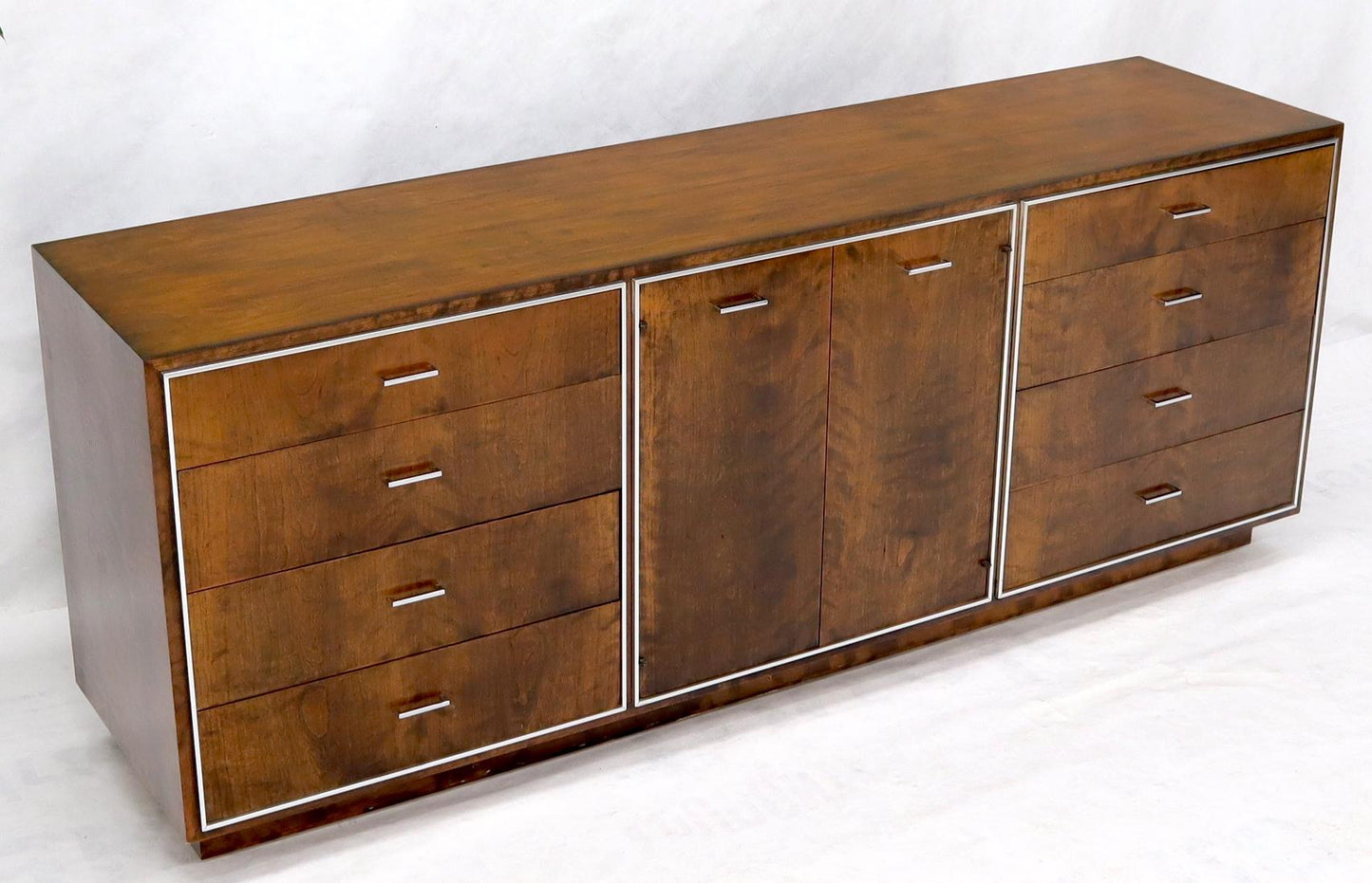 EstablishedLines John Stuart mid-century modern long burl walnut dresser credenza w/ Chrome bezel