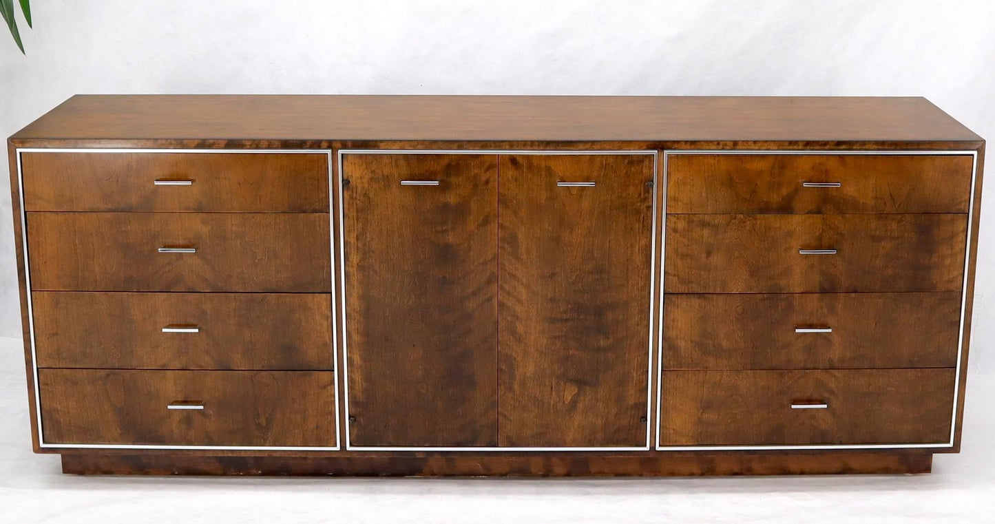EstablishedLines John Stuart mid-century modern long burl walnut dresser credenza w/ Chrome bezel