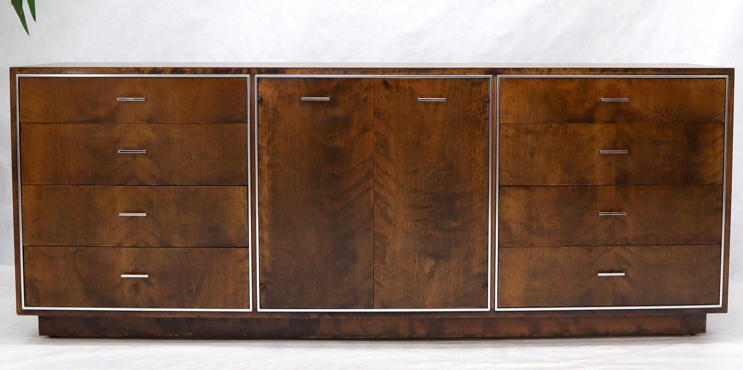 EstablishedLines John Stuart mid-century modern long burl walnut dresser credenza w/ Chrome bezel