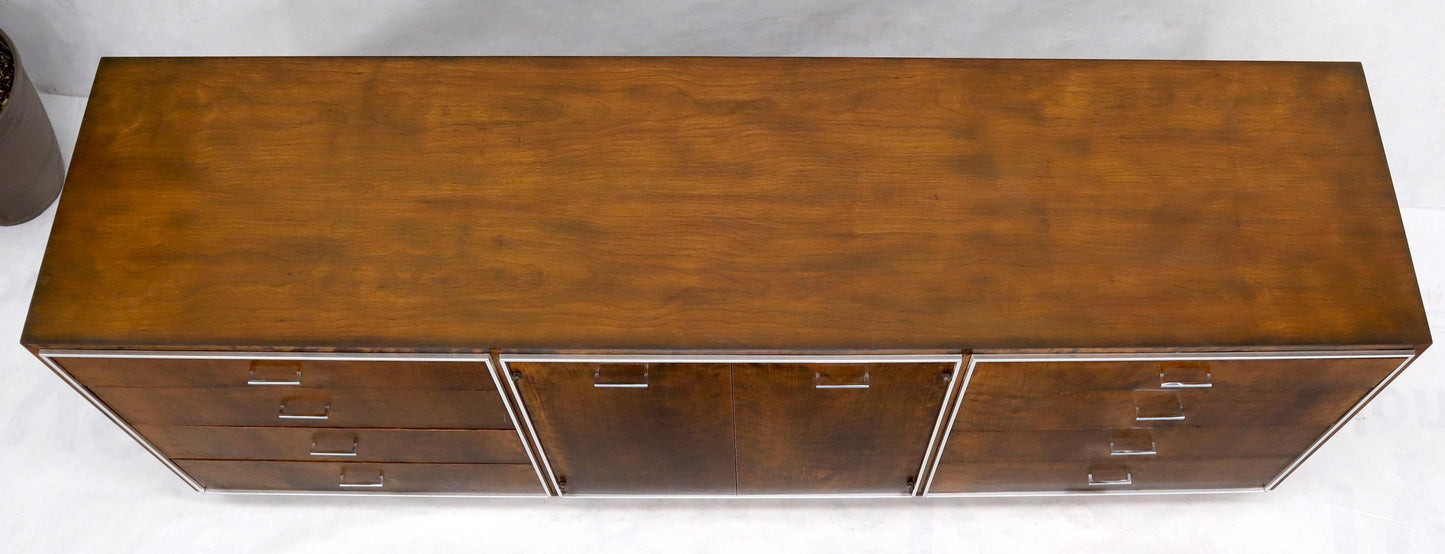 EstablishedLines John Stuart mid-century modern long burl walnut dresser credenza w/ Chrome bezel