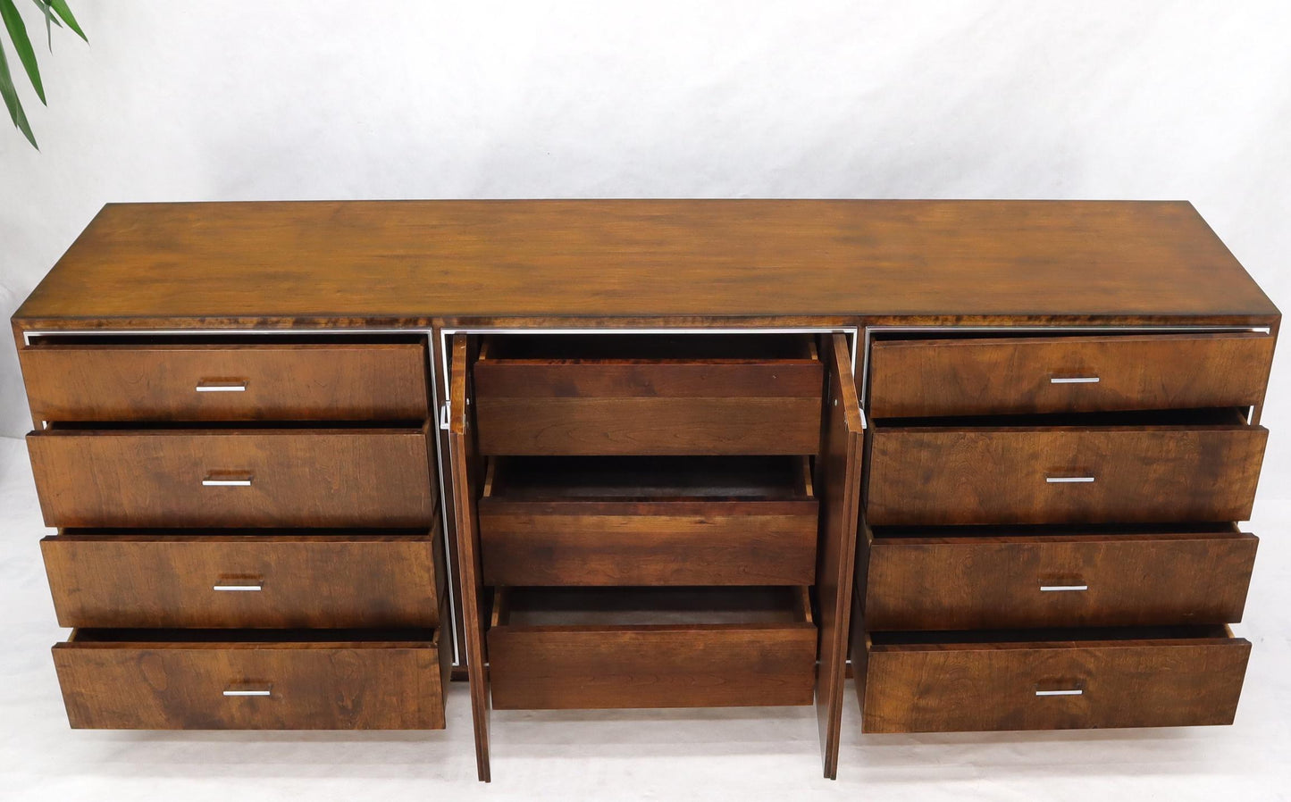 EstablishedLines John Stuart mid-century modern long burl walnut dresser credenza w/ Chrome bezel