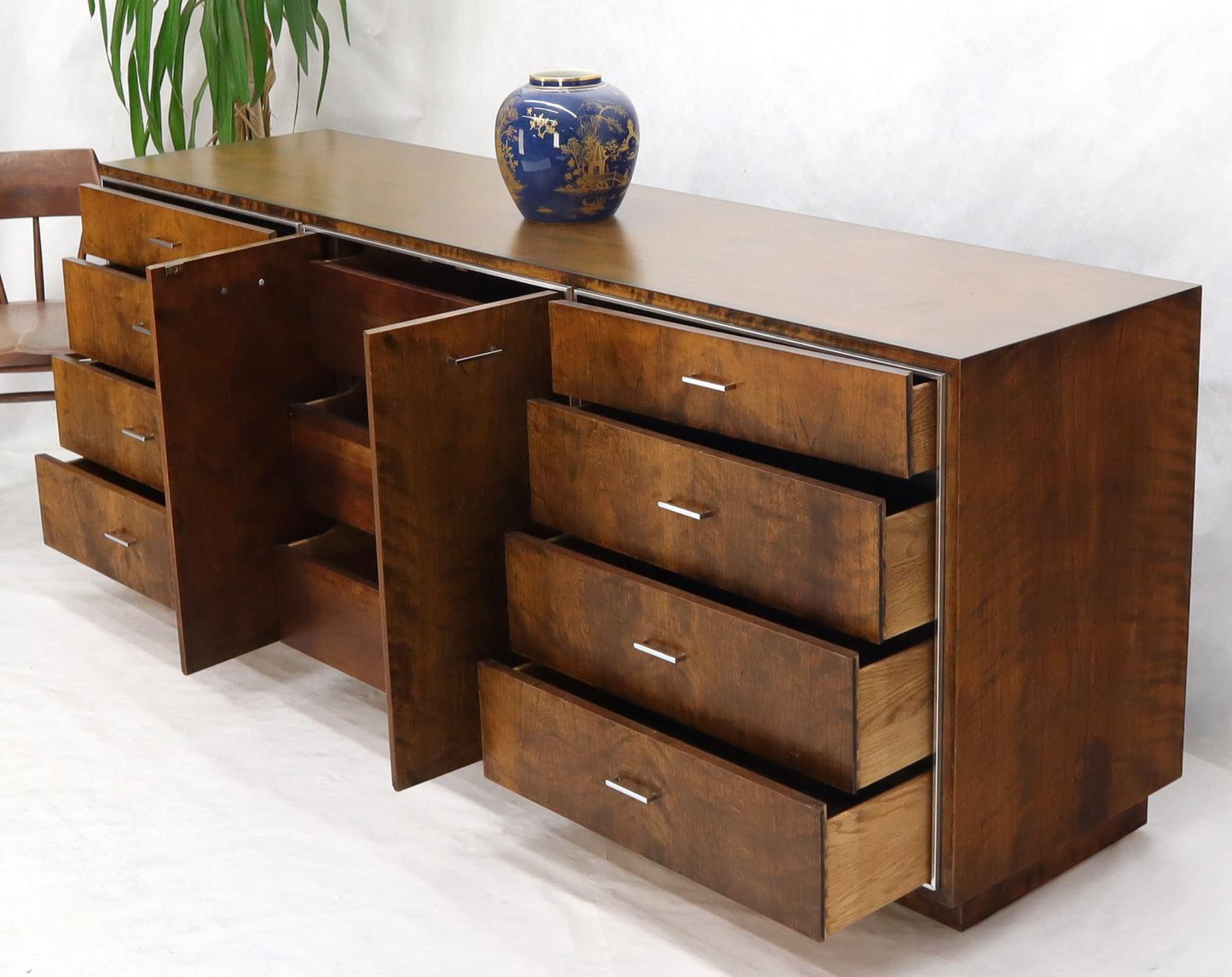 EstablishedLines John Stuart mid-century modern long burl walnut dresser credenza w/ Chrome bezel
