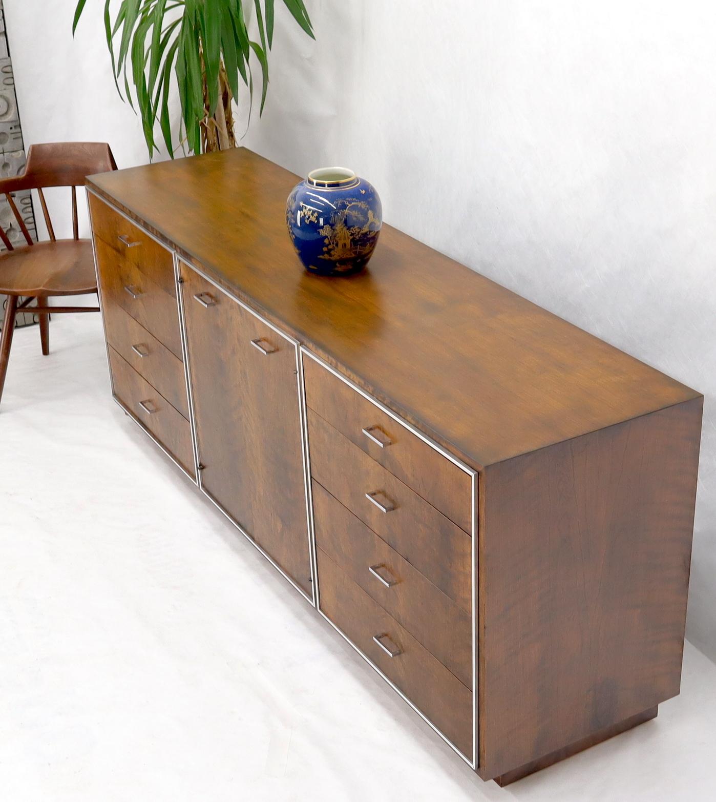 EstablishedLines John Stuart mid-century modern long burl walnut dresser credenza w/ Chrome bezel