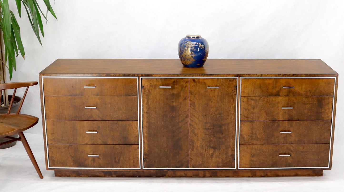 EstablishedLines John Stuart mid-century modern long burl walnut dresser credenza w/ Chrome bezel