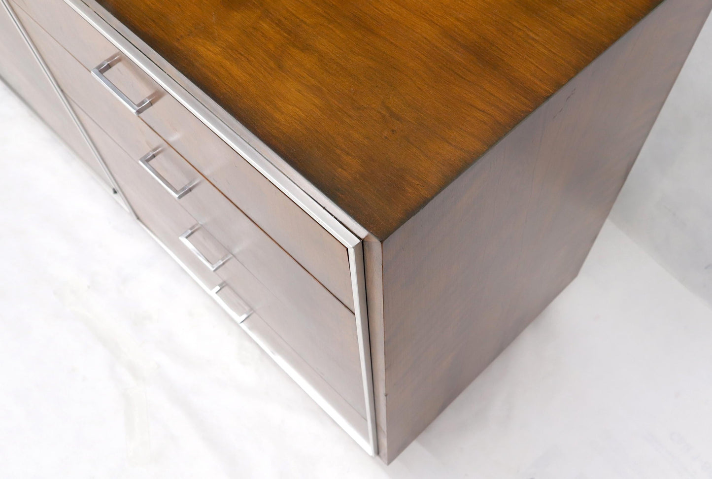 EstablishedLines John Stuart mid-century modern long burl walnut dresser credenza w/ Chrome bezel