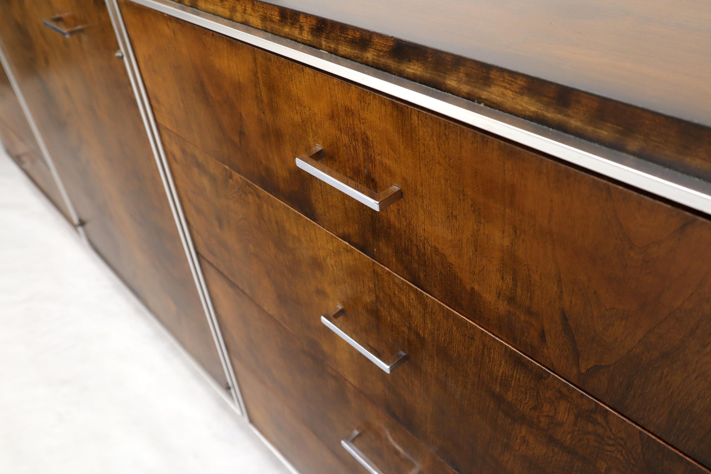 EstablishedLines John Stuart mid-century modern long burl walnut dresser credenza w/ Chrome bezel