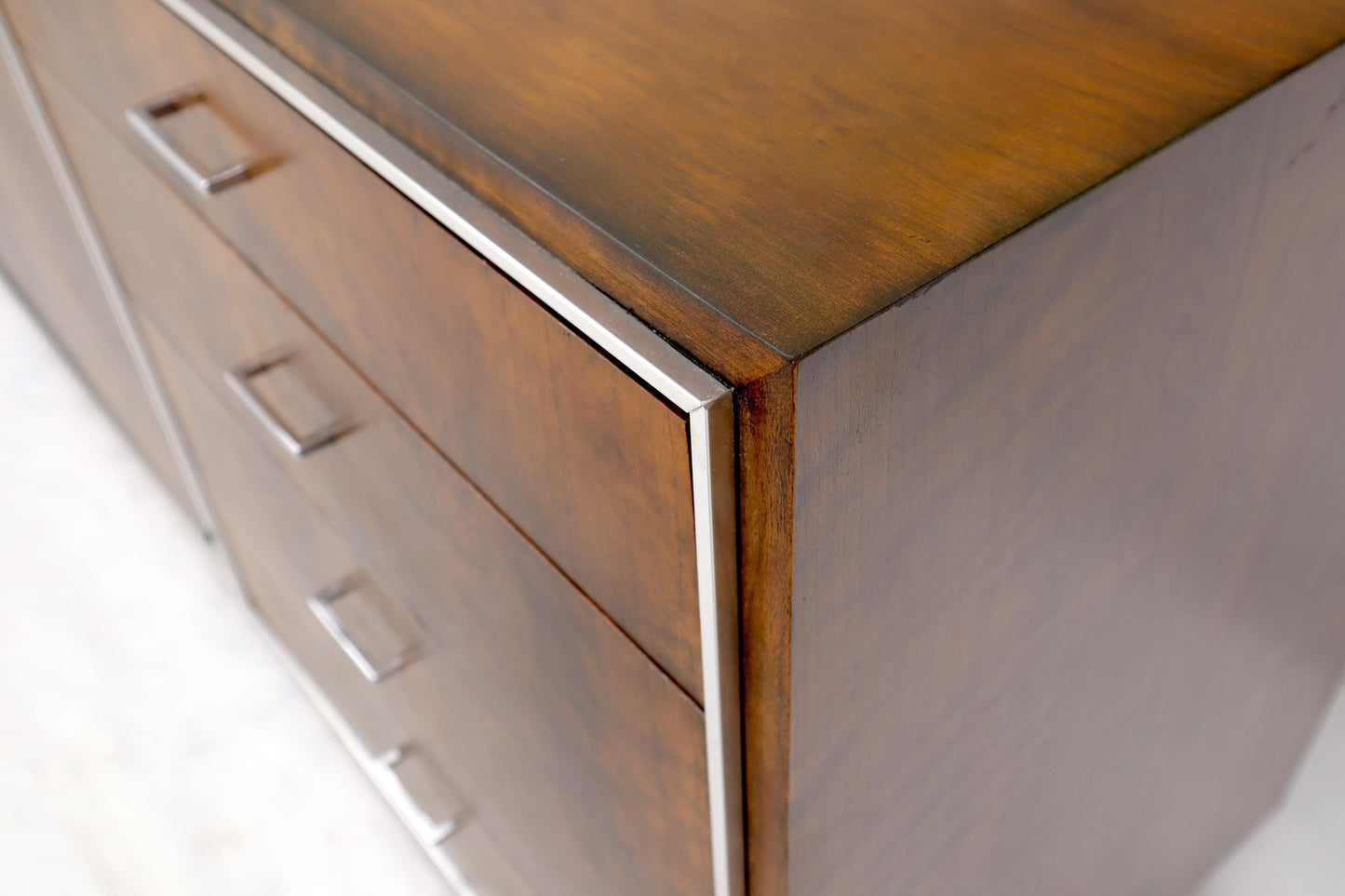 EstablishedLines John Stuart mid-century modern long burl walnut dresser credenza w/ Chrome bezel