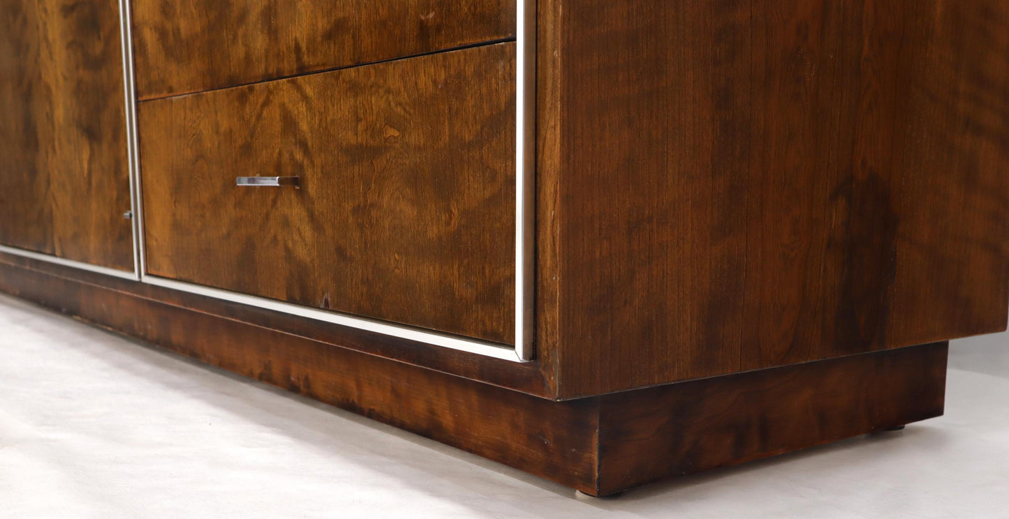EstablishedLines John Stuart mid-century modern long burl walnut dresser credenza w/ Chrome bezel
