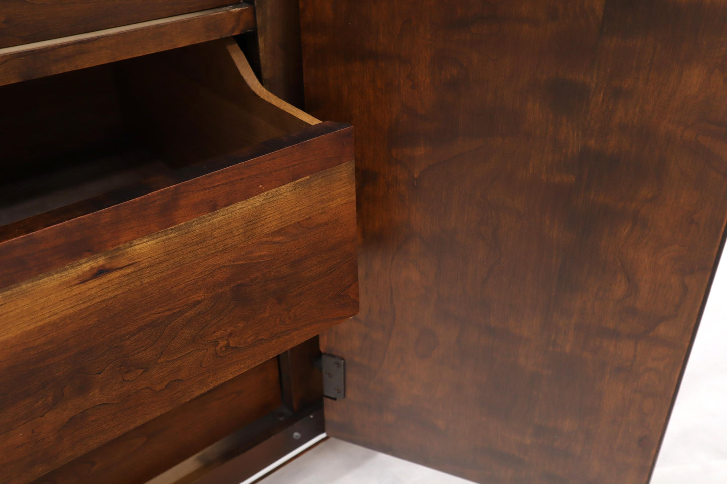 EstablishedLines John Stuart mid-century modern long burl walnut dresser credenza w/ Chrome bezel