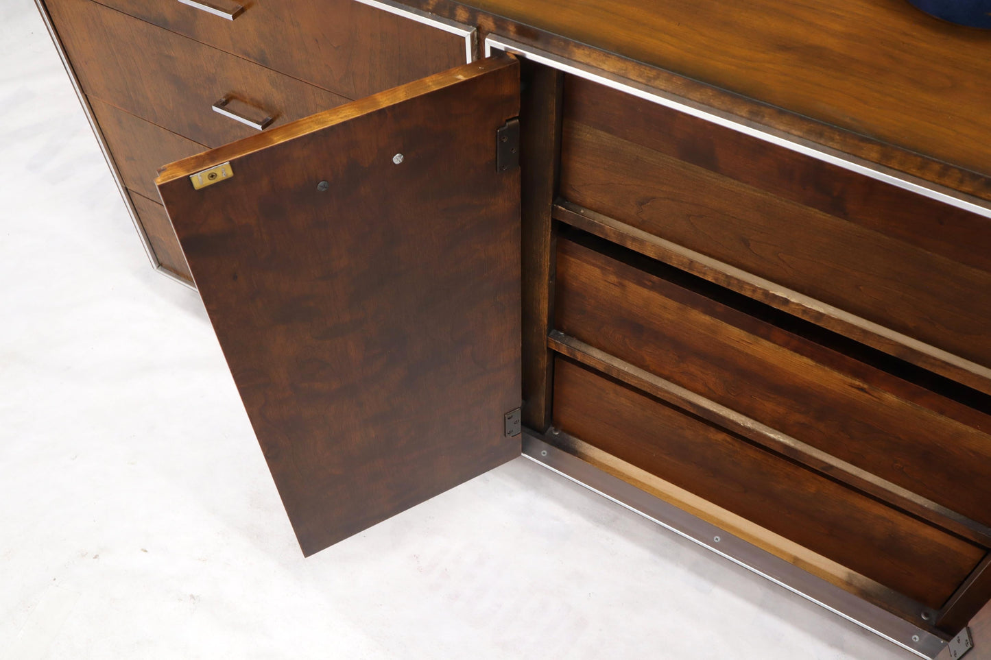 EstablishedLines John Stuart mid-century modern long burl walnut dresser credenza w/ Chrome bezel