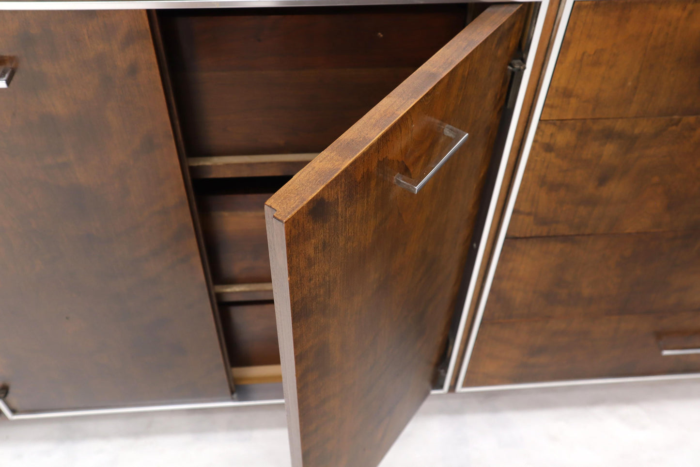 EstablishedLines John Stuart mid-century modern long burl walnut dresser credenza w/ Chrome bezel