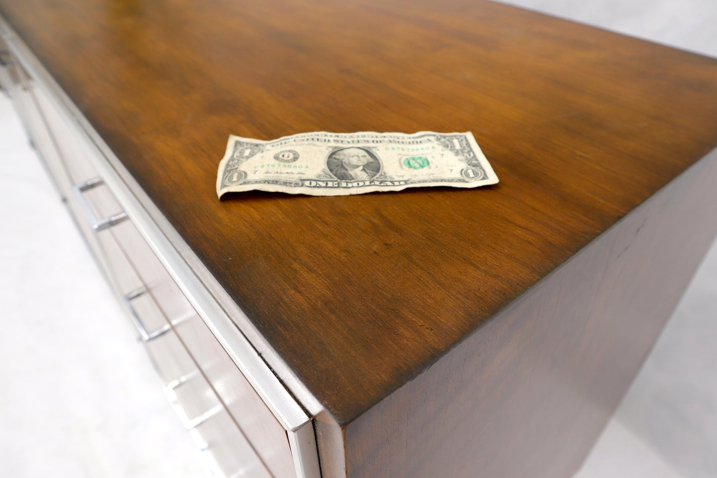 EstablishedLines John Stuart mid-century modern long burl walnut dresser credenza w/ Chrome bezel